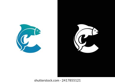 Initial Letter C Fish Logo Design Vector Icon Graphic Emblem Illustration. Word mark logo icon formed fish symbol in letter C in White background.