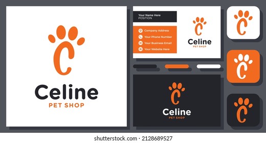 Initial Letter C Footprint Pet Paw Animal Foot Walk Cat Dog Vector Logo Design with Business Card