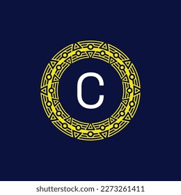 initial letter C futuristic circle pattern frame emblem logo