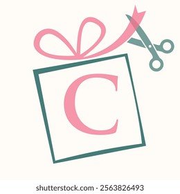 Initial Letter C Gift Box Logo Design Concept With Ribbon and Scissors Symbol For Weeding and Birthday Gift Sign