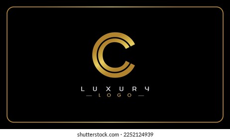 Initial letter C golden luxury logo design, Creative gold double line letter C icon, Isolated on black background.
