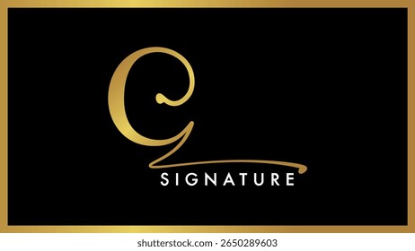 Initial letter C handwritten of signature logo template, Creative bold cursive script letter C logo design, Brush calligraphy luxury letter, Golden. Gold. Isolated on black background.
