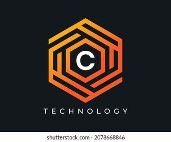 letra inicial C Icono de logotipo de tecnología hexagón Modelo de diseño de vectores