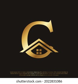 Initial Letter C Home House Golden Logo Design. Real Estate Logo Concept. Vector Illustration