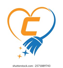 Initial Letter C House Clean Logo Concept With Cleaning Brush and Heart Symbol. Broom Sign