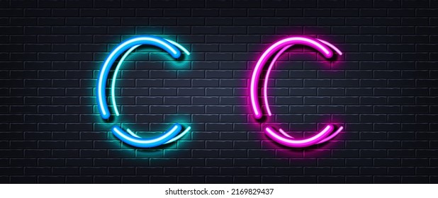 Initial letter C icon. Neon light line effect. Line typography character sign. Large first font letter. Glowing neon light element. Letter C glow 3d line. Brick wall banner. Vector