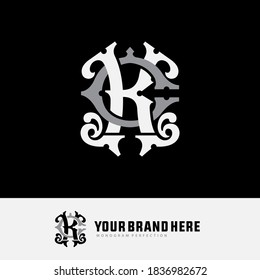 Initial letter C, K, CK or KC overlapping, interlock, monogram logo, white and gray color on black background