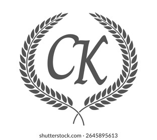 Initial letter C and K, CK monogram logo design with laurel wreath. Luxury calligraphy font.