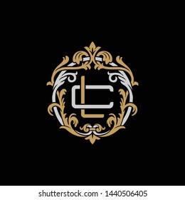 Initial letter C and L, CL, LC, decorative ornament emblem badge, overlapping monogram logo, elegant luxury silver gold color on black background