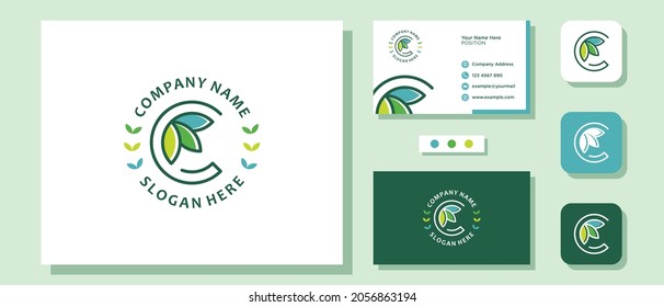 Initial letter C leaf nature plant organic fresh modern logo design with Layout Template Business Card