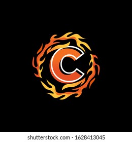 Initial Letter C Logo Design inside Circle Fire or Flames
