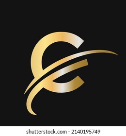 Diseño del logotipo de la letra inicial C con signo de swoosh. C logotipo basado en el alfabeto logotipo comercial color de oro
