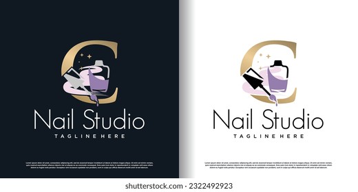 initial letter C logo design template with nail polish icon and creative concept premium vector