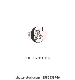 initial letter C logo with hand drawn flower element. design vector illustration symbol template