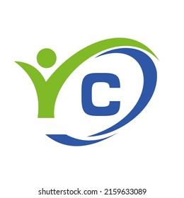 Initial Letter C Logo, Medical Design with Human Symbol. People Healthcare and Letter C Wellness Logo, Fitness Sign