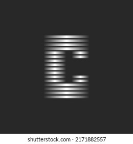 Initial letter C logo monogram minimal art symbol, metallic gradient stripes from silver parallel thin lines, elegant typographic logotype.