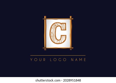 Initial Letter C Logo  with wood texture  and wooden frame icon logo design illustration  symbol