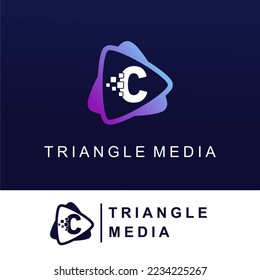 Initial Letter C with Media Play Icon and Pixel for Media Button Information Technology Logo Design Template