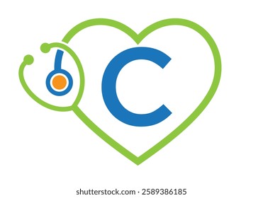 Initial Letter C Medical Logo Concept With Heart and Stethoscope Symbol For Healthcare and Medical Sign
