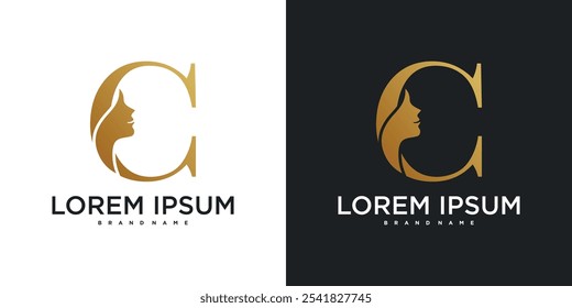 Diseño inicial del logotipo del monograma de la letra C y silueta de la cara de una mujer. Vector de Premium