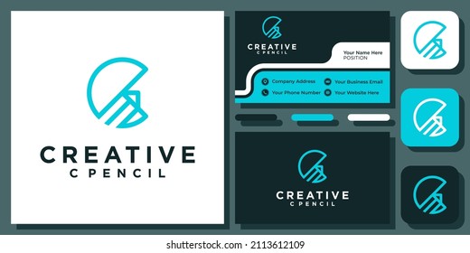 Initial Letter C Pencil Pen Drawing Art Writer Creative Monogram Vector Logo Design with Business Card