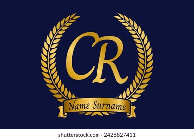 Initial letter C and R, CR monogram logo design with laurel wreath. Luxury golden emblem with calligraphy font.