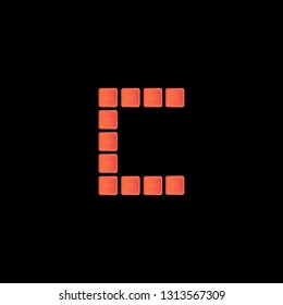 Initial Letter C with red metallic texture, trendy, 3d glossy, metal texture, rectangle shape, pixel style based alphabet logo for company identity, isolated on black background.
