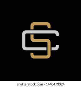 Initial letter C and S, CS, SC, overlapping interlock logo, monogram line art style, silver gold on black background