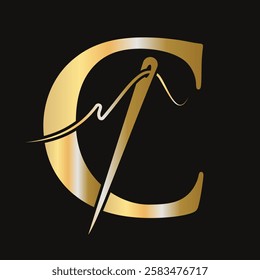 Initial Letter C Sewing Needle Logo Design for Embroider, Textile, Fashion, Cloth, Fabric Symbol