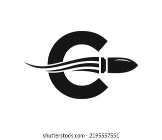 Letra inicial C Logotipo de bala de disparo con símbolo de arma de concepto para seguridad y protección