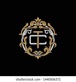 Initial letter C and T, CT, TC, decorative ornament emblem badge, overlapping monogram logo, elegant luxury silver gold color on black background