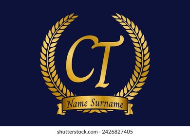 Initial letter C and T, CT monogram logo design with laurel wreath. Luxury golden emblem with calligraphy font.