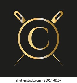 Initial Letter C Tailor Logo, Needle and Thread Combination for Embroider, Textile, Fashion, Cloth, Fabric Template