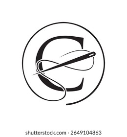 Initial Letter C Tailor Logo, Needle and Thread Logotype for Garment, Embroider, Textile, Fashion, Cloth, Fabric Sign