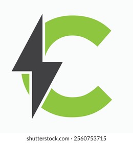 Initial Letter C With Thunder Bolt Symbol. Power Icon Electric Symbol Vector Template