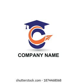 Initial letter C with toga hat  graduation gown and paper plane flying around for education academy logo concept 