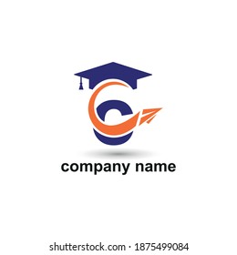 Initial letter c with toga hat graduation gown and paper plane flying around for education academy logo concept