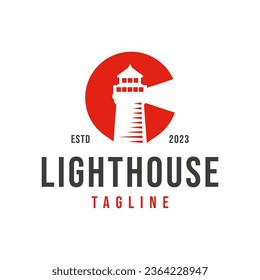 Edificio de la torre de la letra C inicial con fuente de luz en la parte superior del Lighthouse Navegador marino Logo Vector de diseño