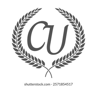 Initial letter C and U, CU monogram logo design with laurel wreath. Luxury calligraphy font.