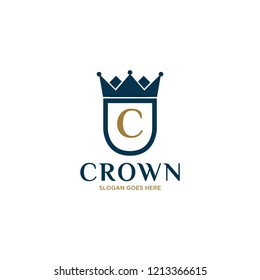 Initial Letter C Vintage Logo Design with Crown, Shield adn Wheat Illustration