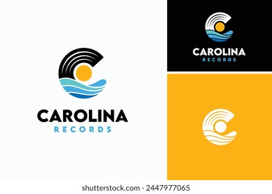 Initial Letter C with vinyl record, sun, and ocean sea waves for Beach Coast Music Studio Recording logo design