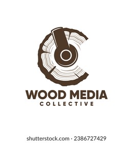 Initial Letter C with Wood Texture, Cut Tree Trunk and Earphone Logo Design