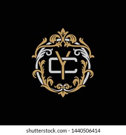Initial letter C and Y, CY, YC, decorative ornament emblem badge, overlapping monogram logo, elegant luxury silver gold color on black background