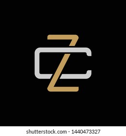 Initial letter C and Z, CZ, ZC, overlapping interlock logo, monogram line art style, silver gold on black background
