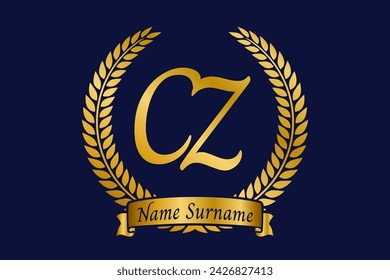 Initial letter C and Z, CZ monogram logo design with laurel wreath. Luxury golden emblem with calligraphy font.