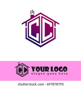 Initial Letter CC House Logo, Hexagonal Shape with Orange Color