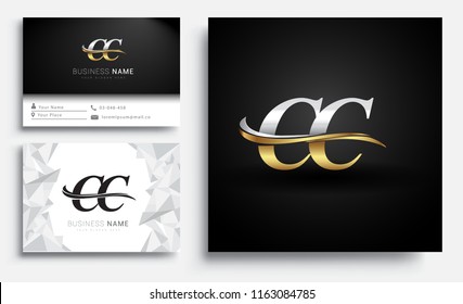 initial letter CC logotype company name colored gold and silver swoosh design. Vector sets for business identity on white background.