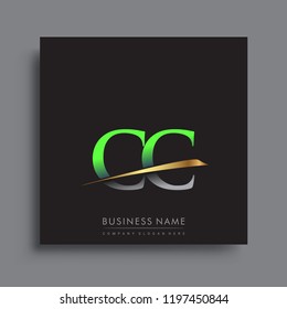 initial letter CC logotype company name colored green and gold swoosh design. vector logo for business and company