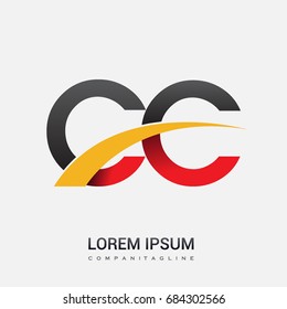 initial letter CC logotype company name colored red, black and yellow swoosh design. isolated on white background.
