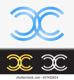 Initial letter CC premium blue metallic rotated lowercase logo template in white background, and custom preview in gold and silver color